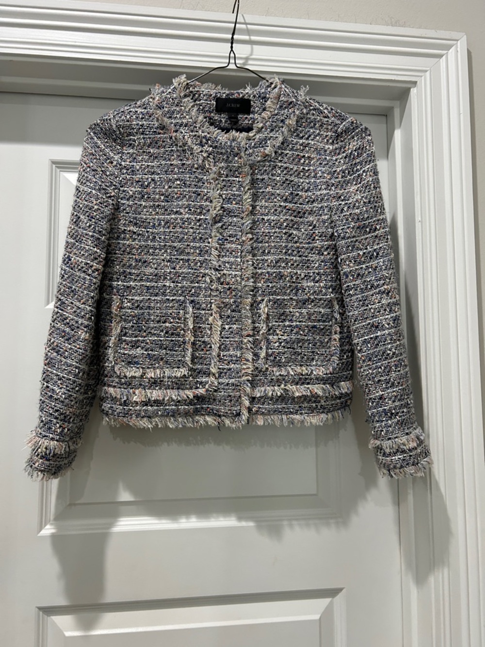J. Crew Tweed Fringe Cropped Blazer in Blue and Cream